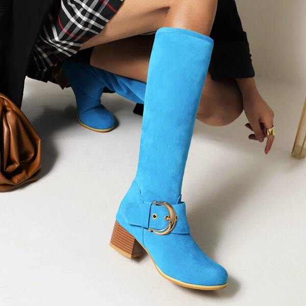 

Suede Buckle Decor Slip On Riding Boots, Blue