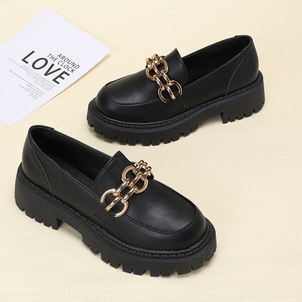 

Metallic Decor Front Platform Loafers, Black