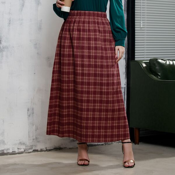 

Plus Plaid Print Elastic Waist Skirt, Burgundy