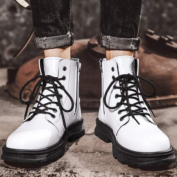 

Men Side Zipper Lace-up Front Boots, White