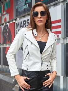 Zip Front PU Leather Biker Jacket - White - View 3