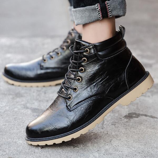 

Men Textured Lace-up Front Boots, Black