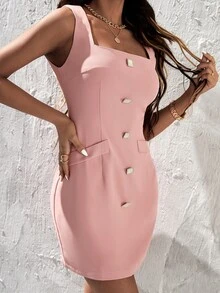 con botón falso Vestido ajustado & Blazer corto - Rosa Pálido - Ver 3