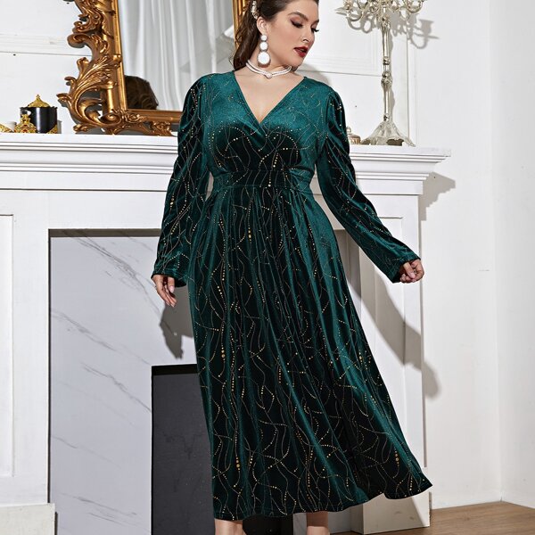 

Plus Surplice Neck Puff Sleeve Velvet Dress, Dark green