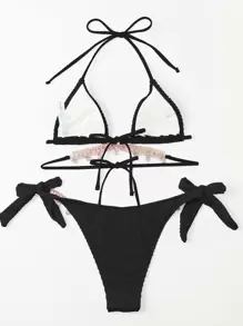 SHEIN Swim Bãi biển mùa hè Trang trí kim cương giả Bikini Tam giác - màu đen - Xem 2