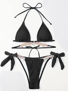 SHEIN Swim Bãi biển mùa hè Trang trí kim cương giả Bikini Tam giác - màu đen - Xem 3