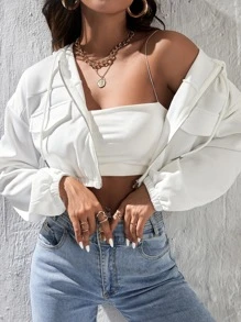 SHEIN PETITE Solid Zip Up Drawstring Crop Jacket - White - View 1