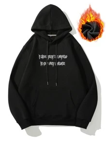 Manfinity Men Wings & Slogan Graphic Drawstring Thermal Lined Hoodie - Black - View 2