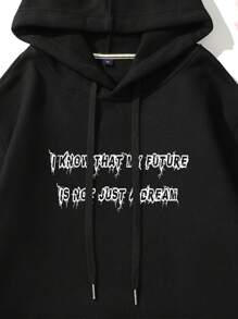 Manfinity Men Wings & Slogan Graphic Drawstring Thermal Lined Hoodie - Black - View 3