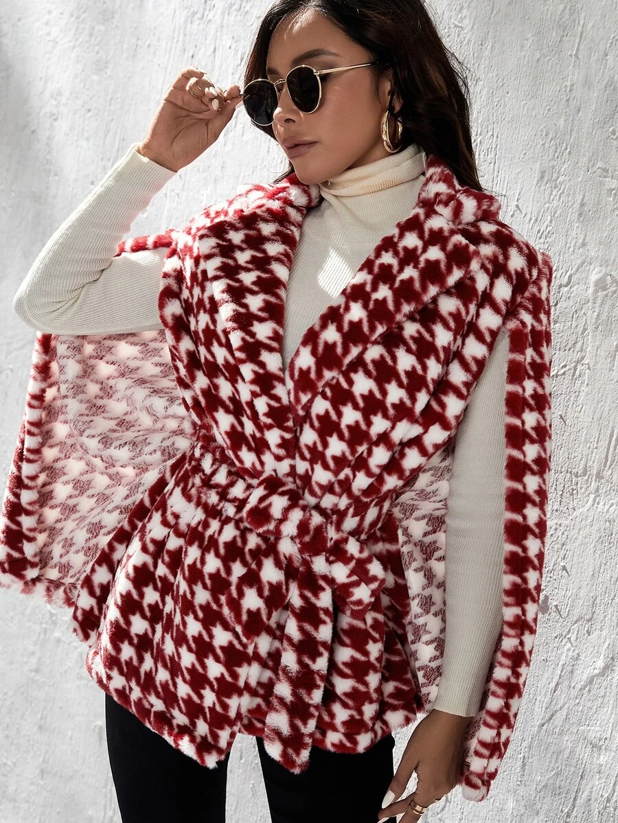 Áo khoác giả lông nữ Thắt lưng răng cưa Thanh lịch - Đỏ và trắng - Xem 1