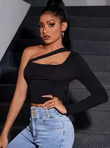 SHEIN Privé Áo thun nữ Bất đối xứng Cắt ra màu trơn Gợi cảm - màu đen - Xem 1