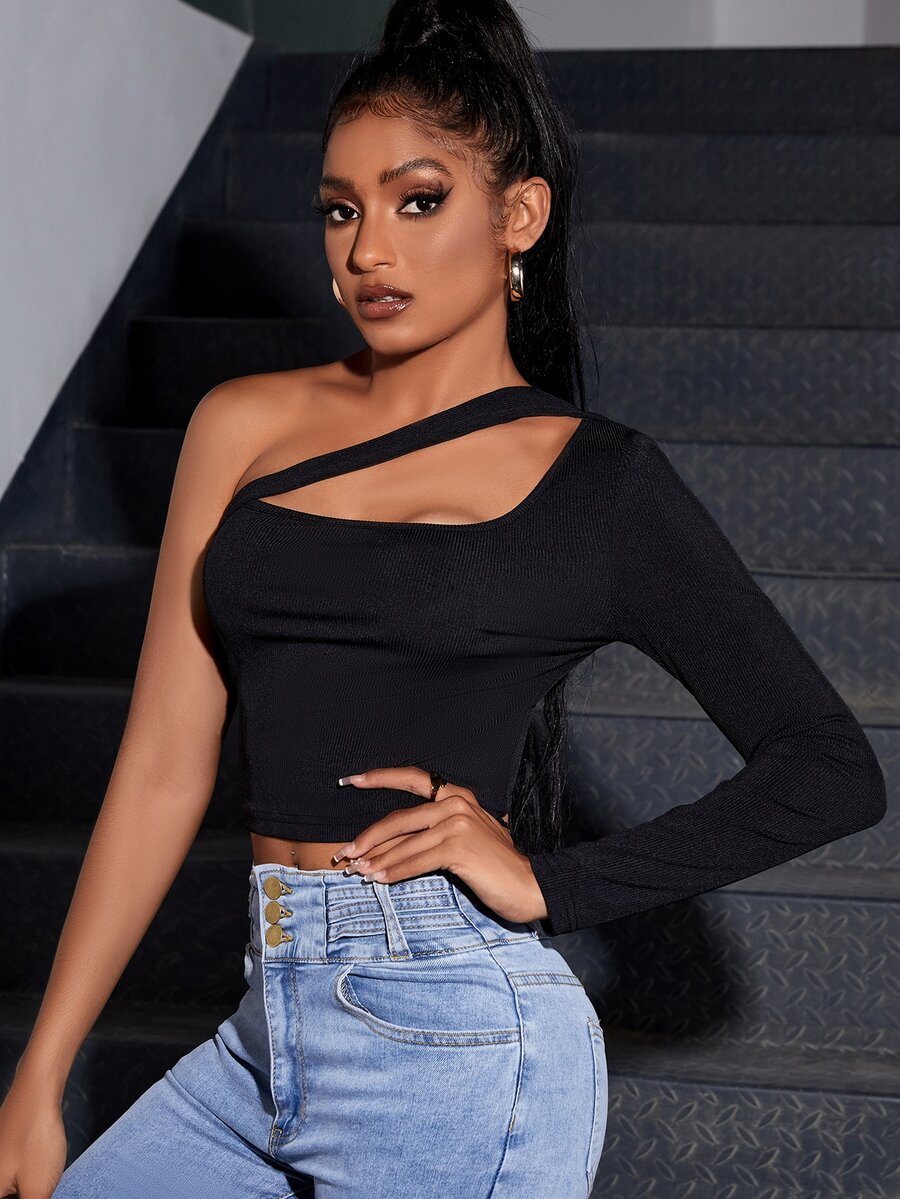 SHEIN Privé Áo thun nữ Bất đối xứng Cắt ra màu trơn Gợi cảm - màu đen - Xem 1