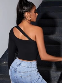 SHEIN Privé Áo thun nữ Bất đối xứng Cắt ra màu trơn Gợi cảm - màu đen - Xem 2