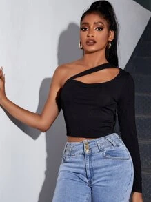 SHEIN Privé Áo thun nữ Bất đối xứng Cắt ra màu trơn Gợi cảm - màu đen - Xem 3