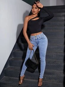 SHEIN Privé Áo thun nữ Bất đối xứng Cắt ra màu trơn Gợi cảm - màu đen - Xem 4