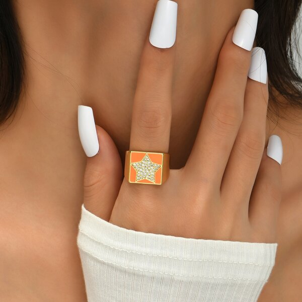 

18K Gold Plated Zircon Star Detail Ring, Multicolor