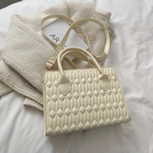 

Textured Double Handle Square Bag, Beige