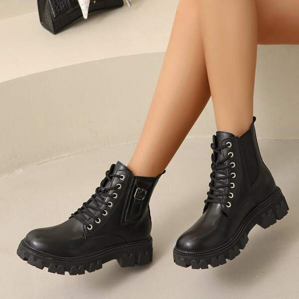 

Solid Buckle Decor Lace Up Front Combat Boots, Black