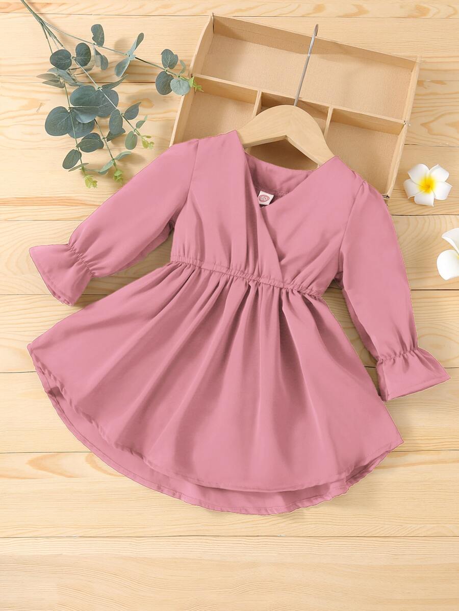 Baby Overlap Collar Flounce Sleeve Dress - Dusty Pink - View 1