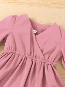 Baby Overlap Collar Flounce Sleeve Dress - Dusty Pink - View 3