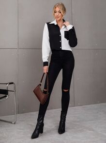 SHEIN Clasi Áo sơ mi túi vá Colorblock, áo dài tay - Đen và trắng - Xem 5