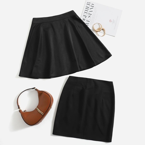 

1pc Solid Flare Skirt & 1pc Straight Skirt, Black