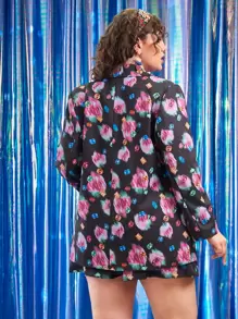 SHEIN Unity Plus Diamond Print Peak Collar Blazer & Shorts - Multicolor - View 3