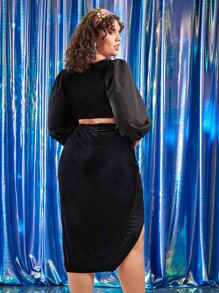 SHEIN Unity Plus Lantern Sleeve Velvet Top & Asymmetrical Hem Skirt - Black - View 3