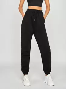 EURMUSE Solid Drawstring Waist Joggers - Black - View 4