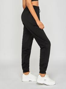 EURMUSE Solid Drawstring Waist Joggers - Black - View 5