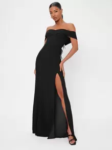 SHEIN Tall Solid Off Shoulder Backless Split Thigh Prom Dress - Black - View 3