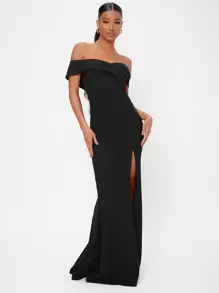 SHEIN Tall Solid Off Shoulder Backless Split Thigh Prom Dress - Black - View 4
