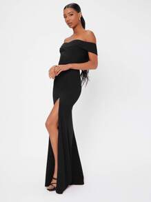 SHEIN Tall Solid Off Shoulder Backless Split Thigh Prom Dress - Black - View 5