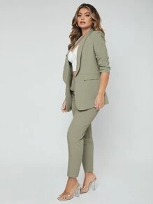 SHEIN SXY Shawl Neck Open Front Blazer & Pants Suit In Fall/Winter - Green - View 4