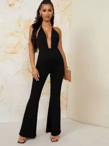 SHEIN BAE Backless Halter Neck Flare Leg Jumpsuit - Black - View 1