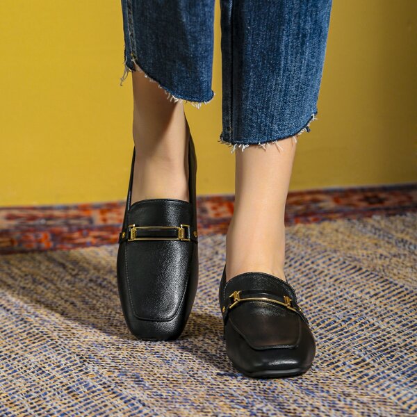 

Square Toe Metallic Decor Front Loafers, Black