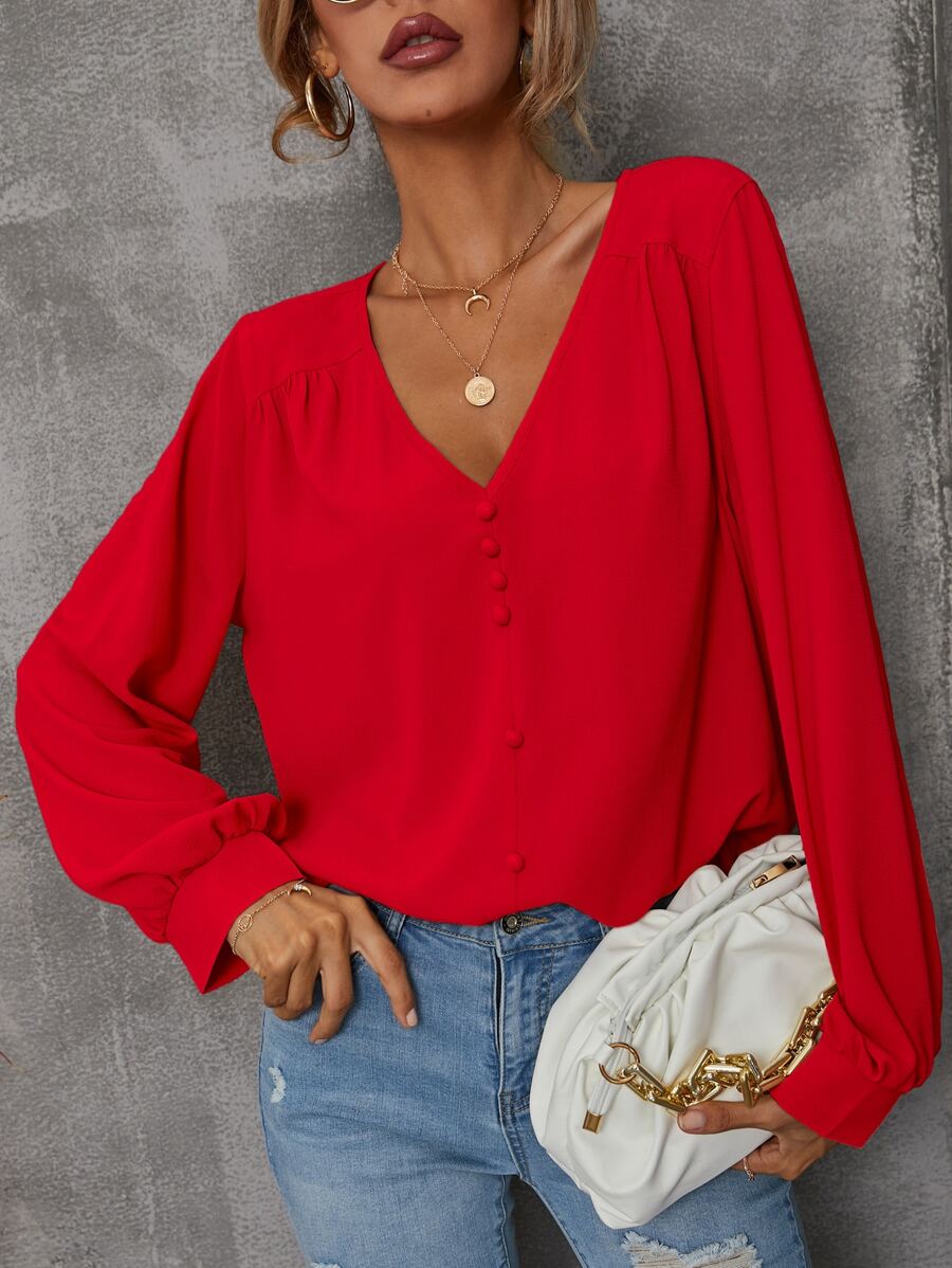 Solid Bishop Sleeve V Neck Blouse - Red - View 1