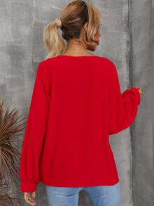 Solid Bishop Sleeve V Neck Blouse - Red - View 2