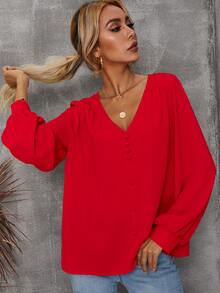 Solid Bishop Sleeve V Neck Blouse - Red - View 3