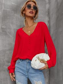 Solid Bishop Sleeve V Neck Blouse - Red - View 4