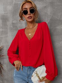 Solid Bishop Sleeve V Neck Blouse - Red - View 5