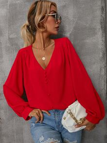 Solid Bishop Sleeve V Neck Blouse - Red - View 6