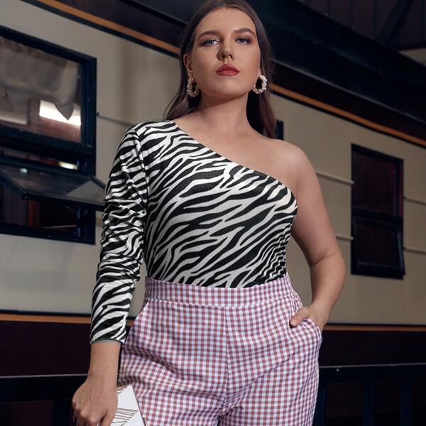 

Plus Zebra Striped One Shoulder Velvet Bodysuit, Black and white