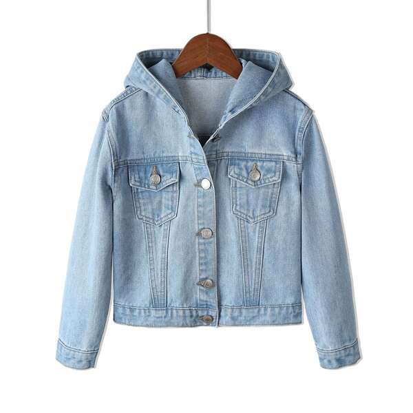 

Girls Flap Pocket Hooded Denim Jacket, Light wash