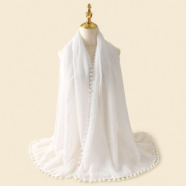 

Pom Pom Trim Scarf, White