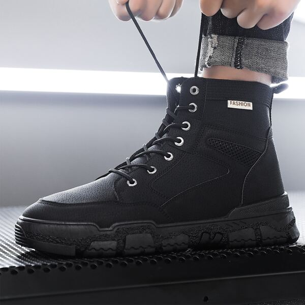 

Men Stitch Detail Lace-up Front Boots, Black