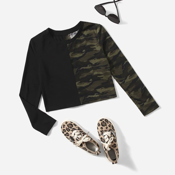 

Girls Camo Print Round Neck Tee, Multicolor