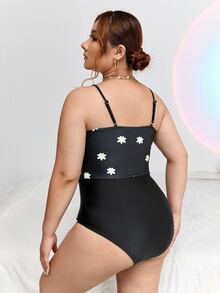 Plus Contrast Floral Print One-Piece Swimsuit, For Summer Beach Vacation - Black - View 2