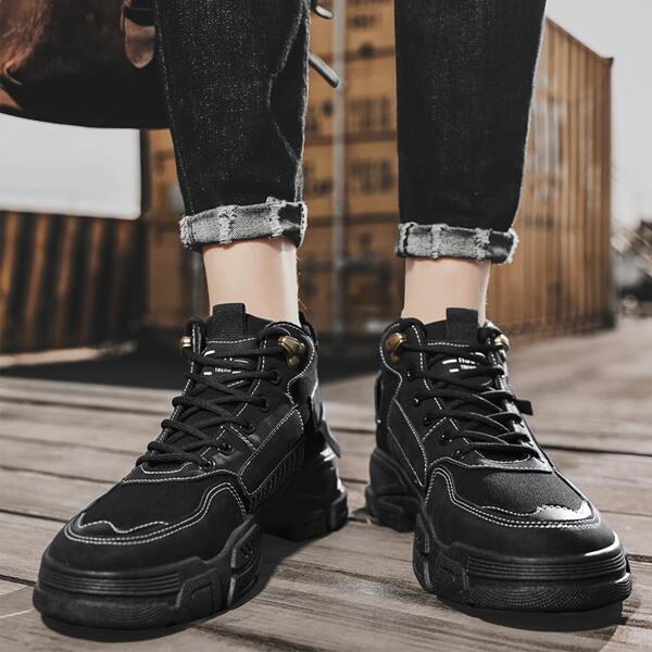 

Men Letter Graphic Stitch Detail Lace-up Front Boots, Black
