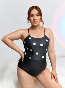 Plus Contrast Floral Print One-Piece Swimsuit, For Summer Beach Vacation - Black - View 3